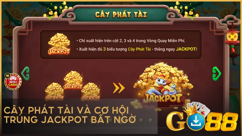 Ba biểu tượng Cây Phát Tài trên các cột trung tâm sẽ mở khóa kho vàng Jackpot đầy hấp dẫn dành riêng cho bạn.