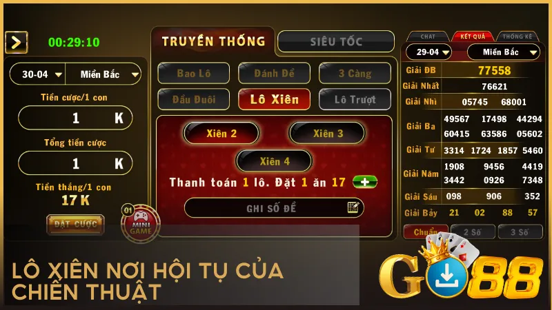 Lô xiên tại GO88 thỏa mãn người chơi thích tính toán với tỷ lệ thưởng cao khi đoán đúng cả chuỗi