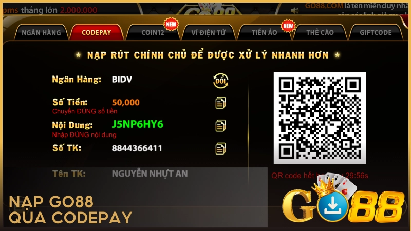 Nạp GO88 qua CodePay