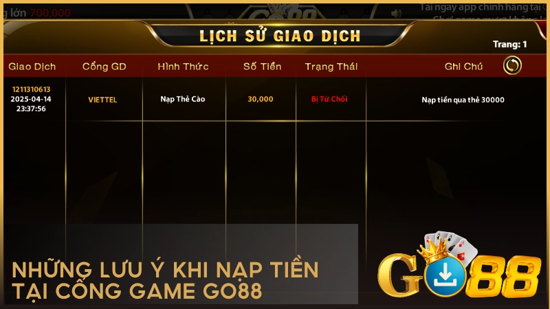 Những lưu ý khi nạp tiền tại cổng game GO88