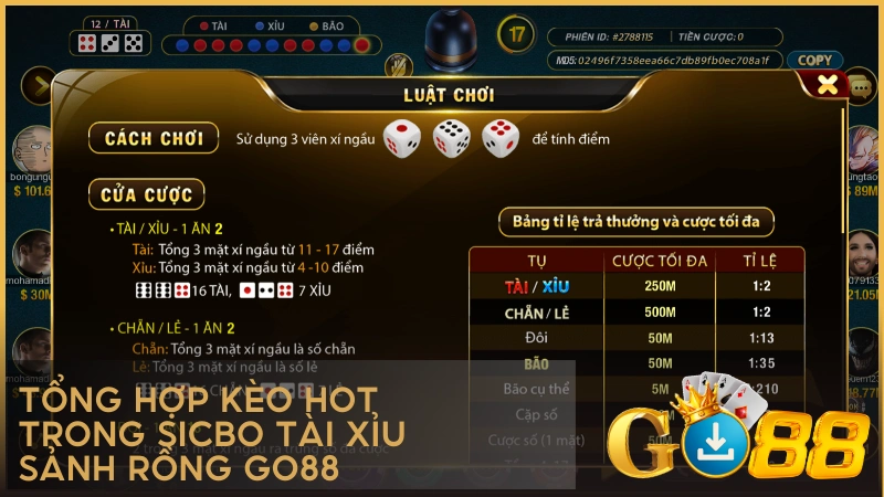 Tổng hợp kèo hot trong Sicbo Tài Xỉu Sảnh Rồng GO88